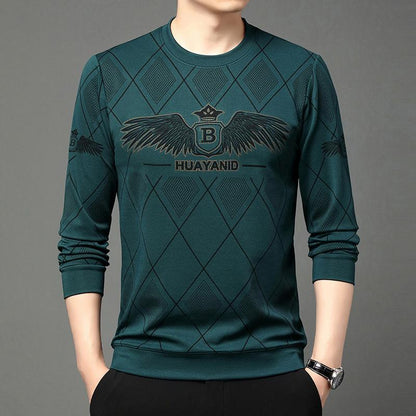 Men's autumn and winter plush printed long sleeved round neck T-shirt