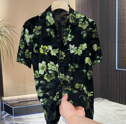 Men's Thin Sparkling Green Flower Shirt Short Sleeved