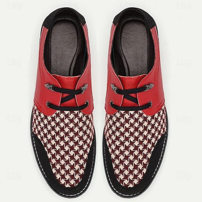 Men's  Houndstooth Pattern Faux Leather Sneakers With Lace-Up