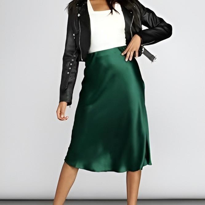 🎄Christmas Sale - 49% Off🔥Womens Midi Skirt High Waisted Solid Satin Dress Zipper Elegant Work Skirts