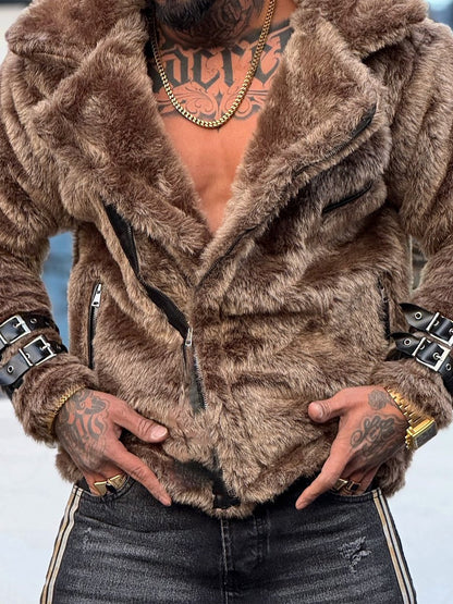 Men's Faux Fur Cuff Coat With Belt Buckle Detail