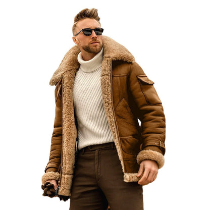 Men's thick one-piece fur mid length jacket