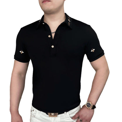 Men's Summer Leisure Fashion Thin Half Open Lapel Embroidered Short Sleeves