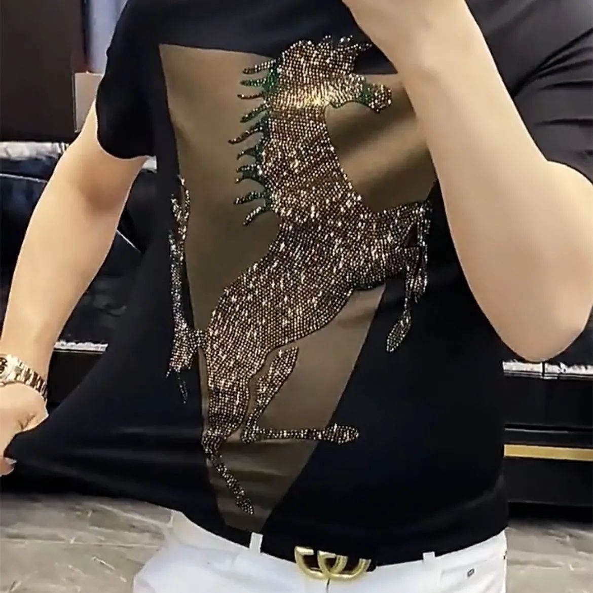 Men's new ice silk rhinestone short sleeved T-shirt