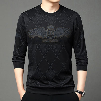 Men's autumn and winter plush printed long sleeved round neck T-shirt