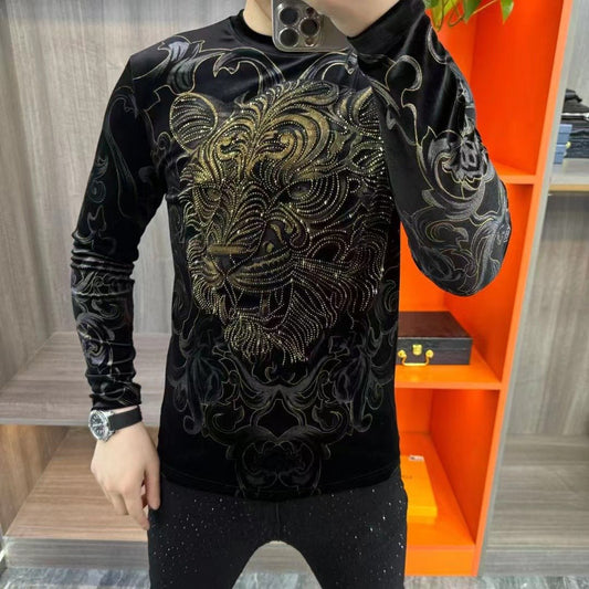 Men's Light Luxury Personalized Fashion Gold Velvet Hot Stamped Round Neck Long Sleeve