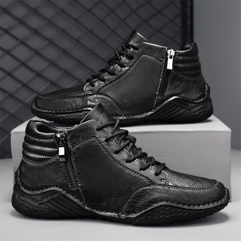 Men's trendy new leather zipper high top shoes