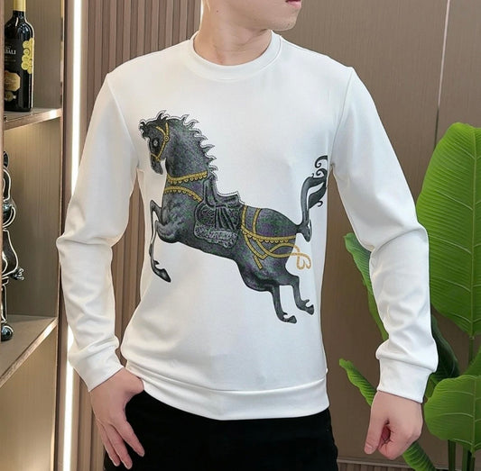 Men's New Horse Print Round Neck Fashionable Long Sleeved Shirt