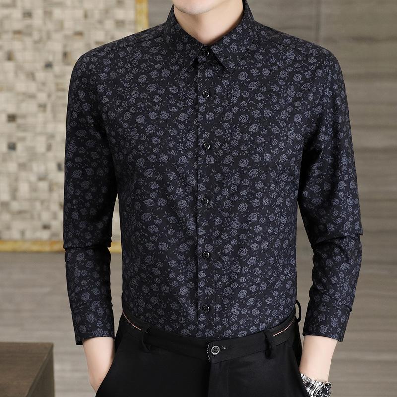 Men's new high-end light business digital printed wrinkle resistant rose long sleeved shirt