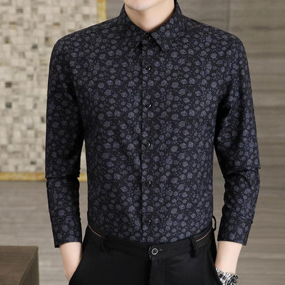 Men's new high-end light business digital printed wrinkle resistant rose long sleeved shirt