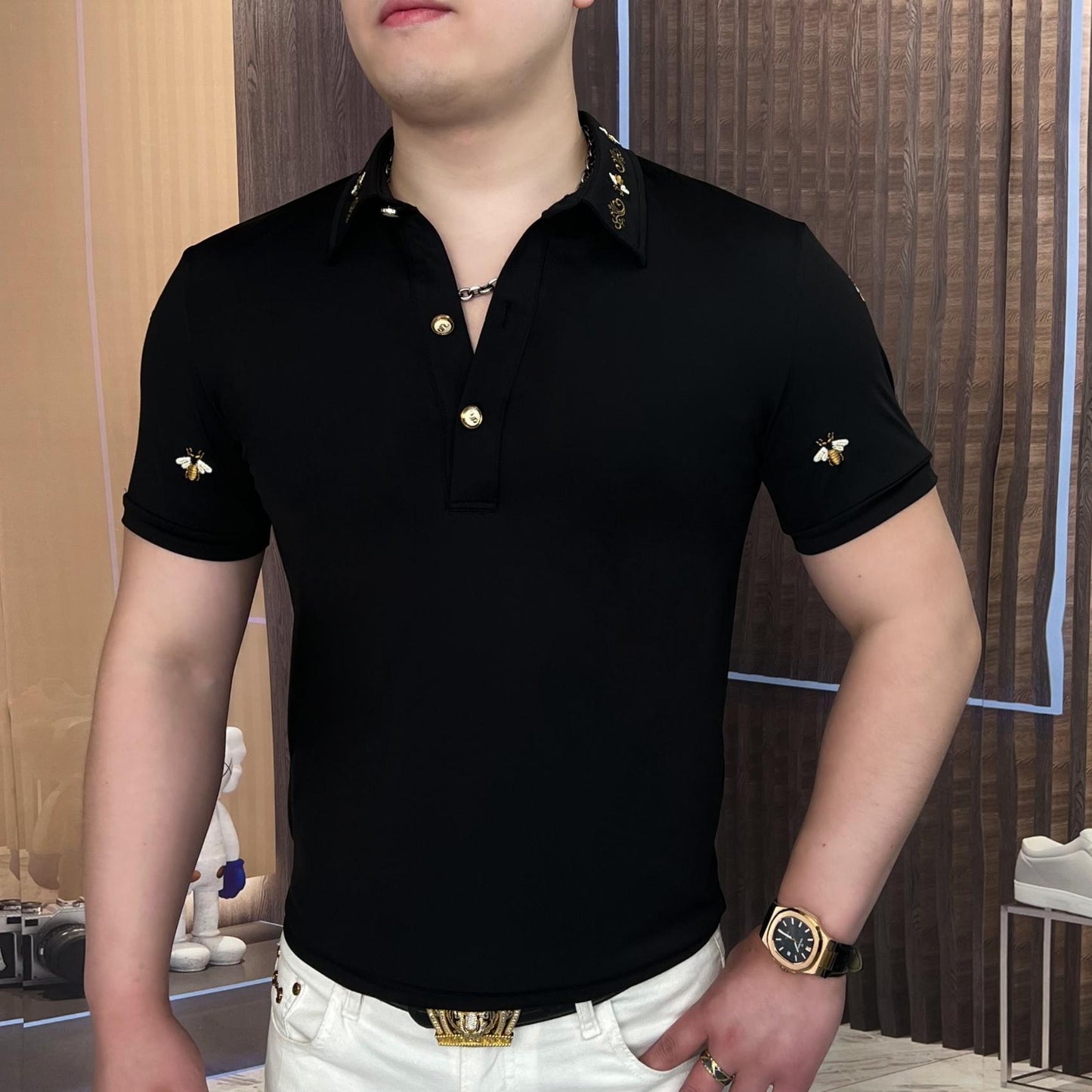 Men's Summer Leisure Fashion Thin Half Open Lapel Embroidered Short Sleeves