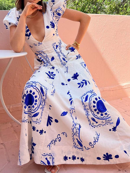 🔥Limited Time Offer 49% OFF🔥Deep V Neck Printed Puff Sleeve Dress