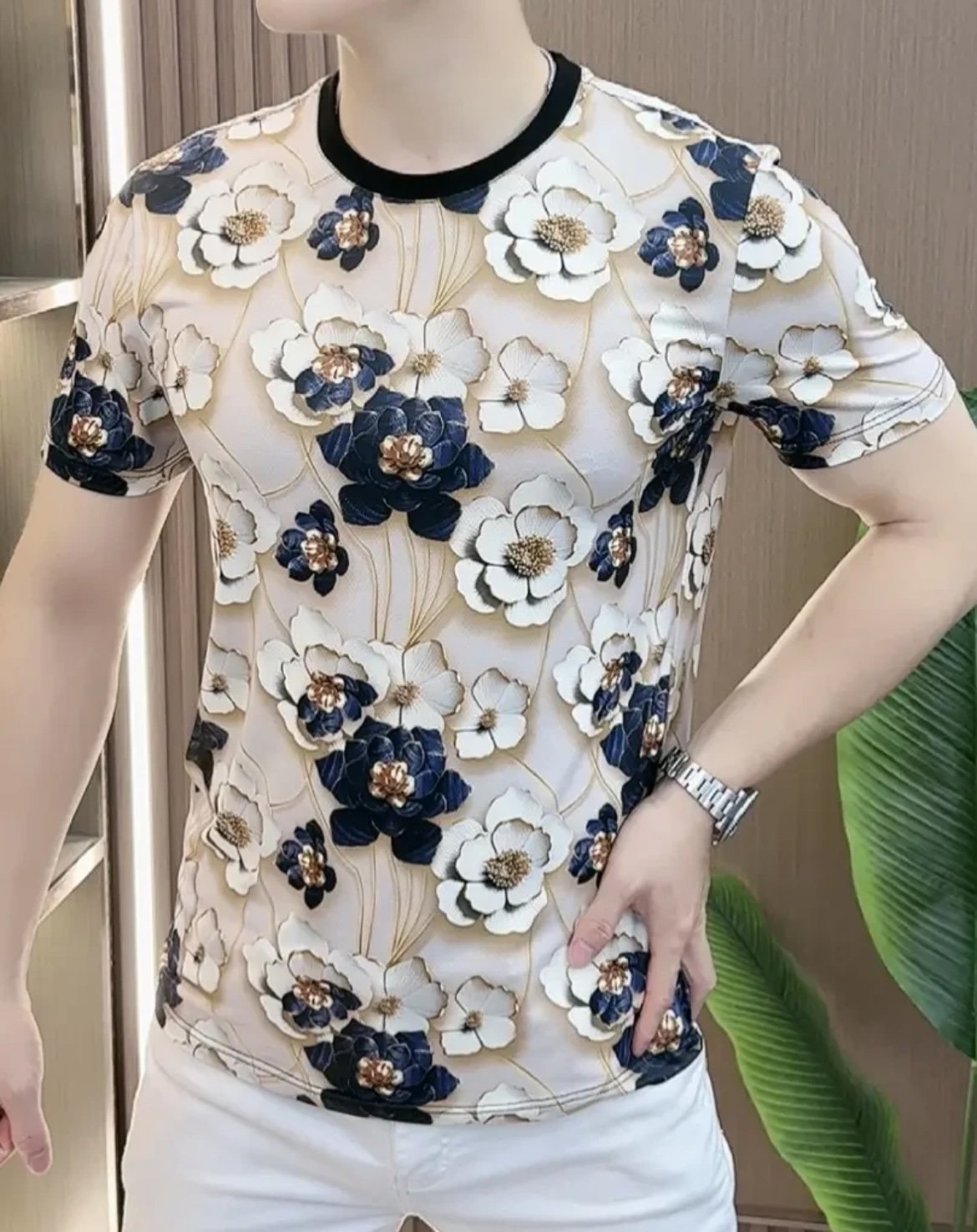 Men's Summer New Flower Printed Silk Short Sleeved Shirt