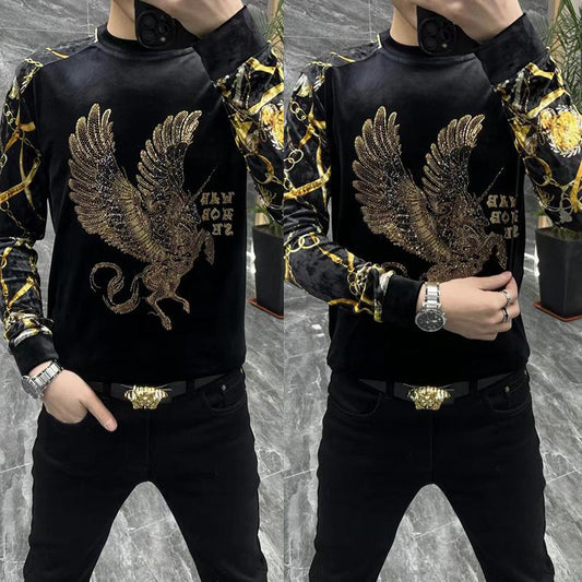 Men's new gold velvet rhinestone round neck base shirt