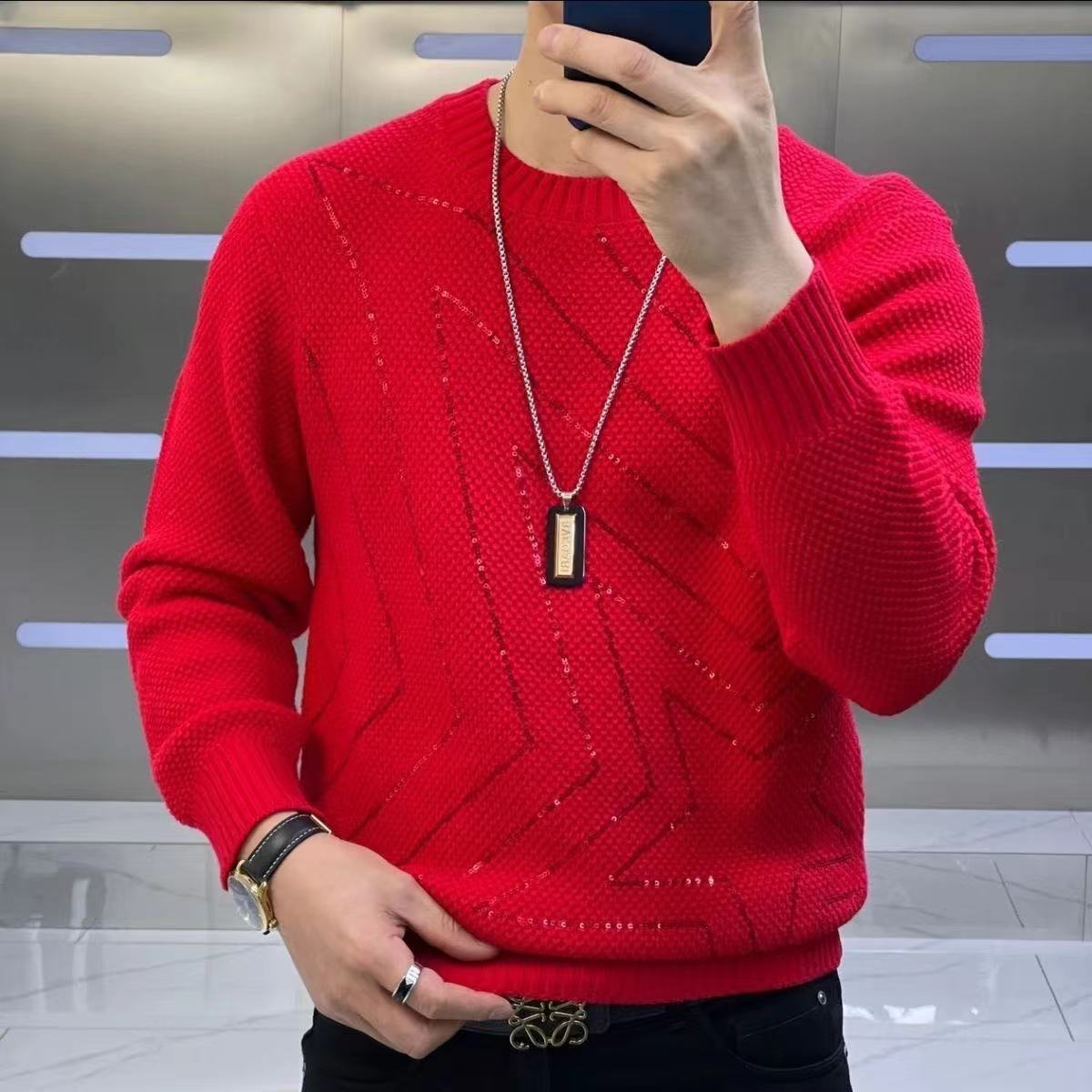 Men's new sequined red collar fashionable casual sweater