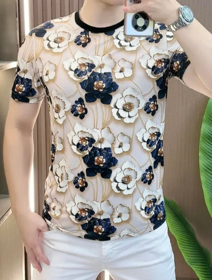 Men's Summer New Flower Printed Silk Short Sleeved Shirt