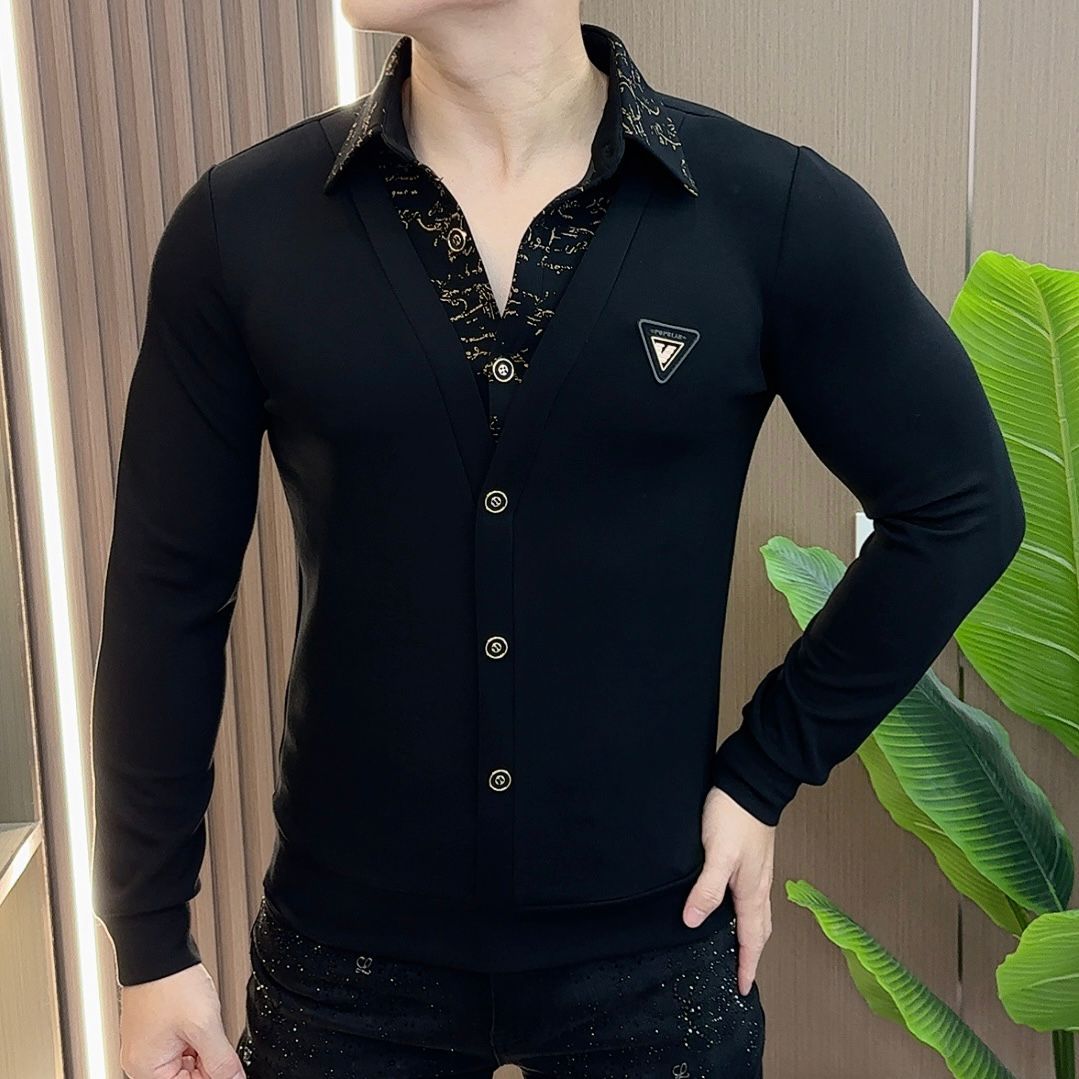 Men's new trendy brand spliced fake two-piece high-end shirt collar sweatshirt