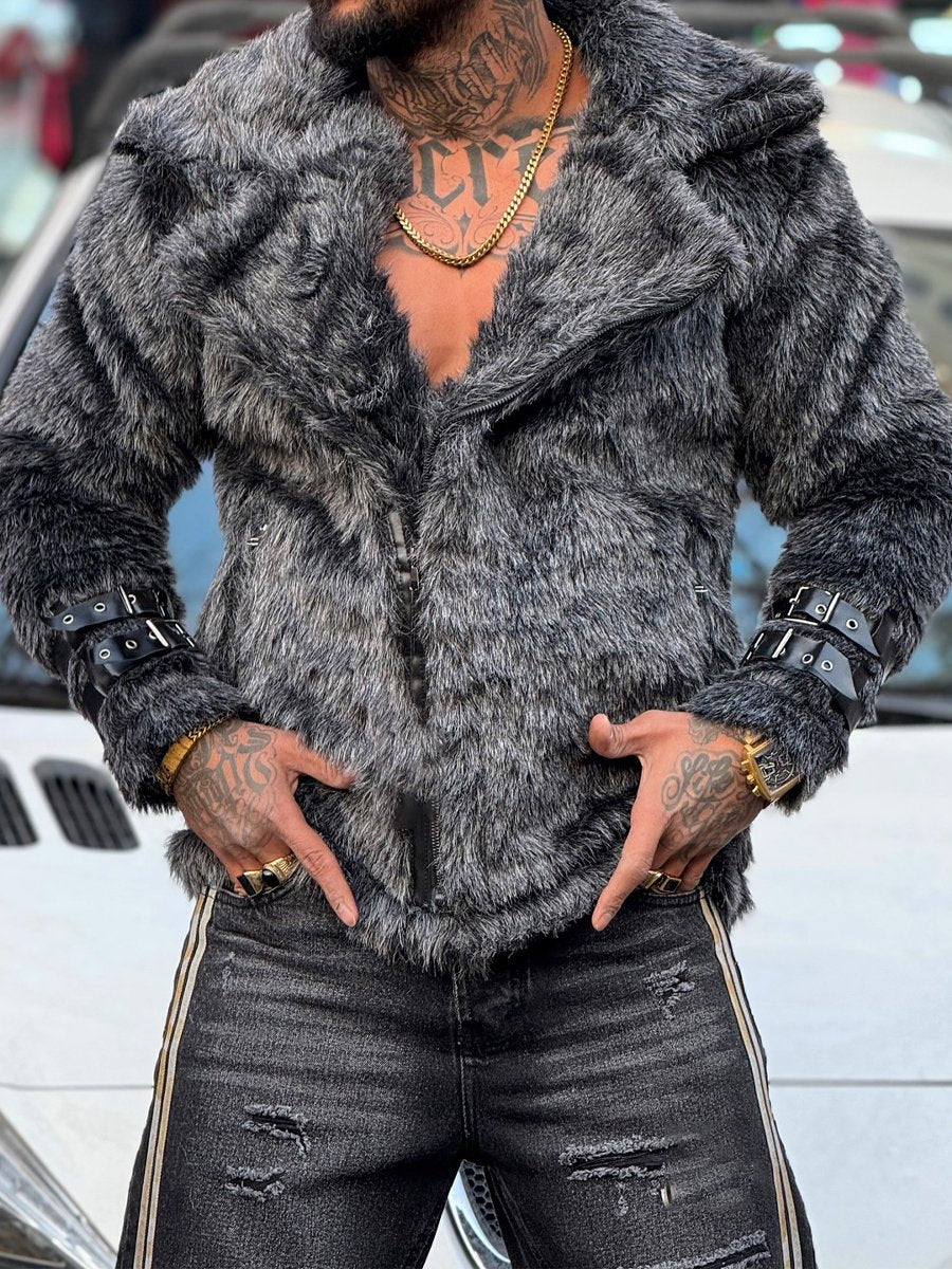 Men's Faux Fur Cuff Coat With Belt Buckle Detail