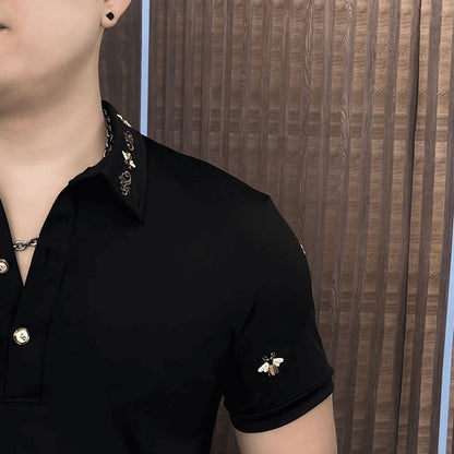 Men's Summer Leisure Fashion Thin Half Open Lapel Embroidered Short Sleeves