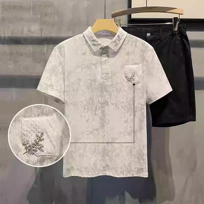 Men's new summer style trendy embroidery embellished lapel polo shirt