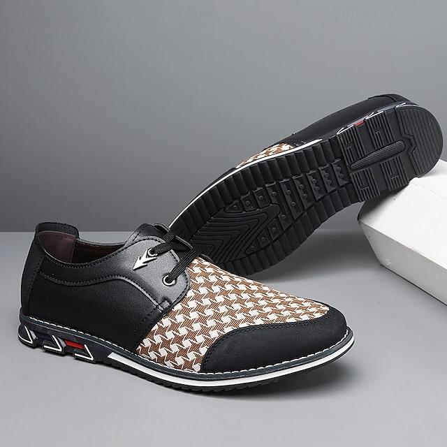 Men's  Houndstooth Pattern Faux Leather Sneakers With Lace-Up