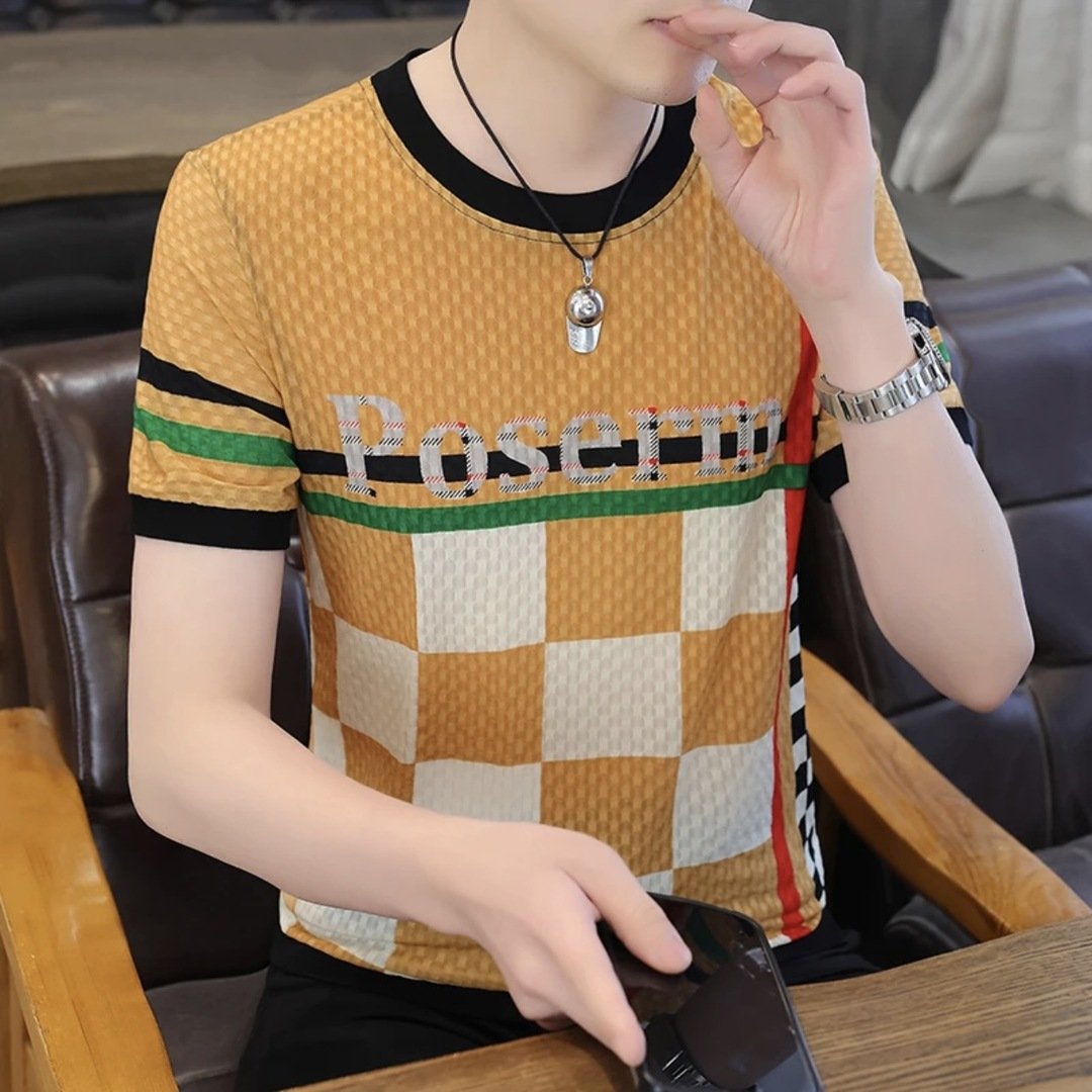 🔥Limited Time Offer 49% OFF🔥Men's new letter plaid casual round neck men's ice silk short sleeved shirt