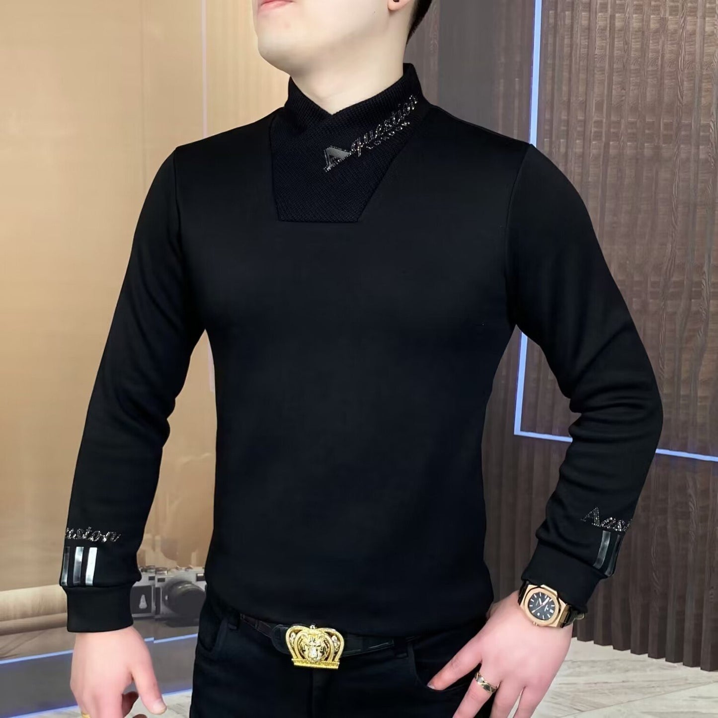 Men's new semi high neck fashionable plus plush thick base shirt