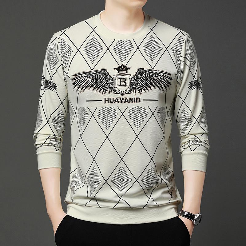 Men's autumn and winter plush printed long sleeved round neck T-shirt