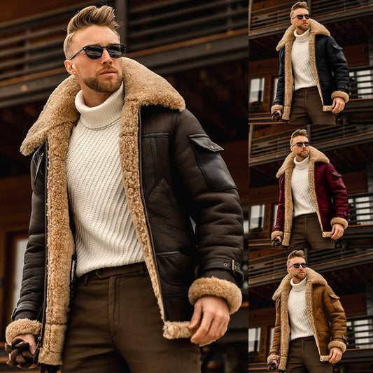 Men's thick one-piece fur mid length jacket