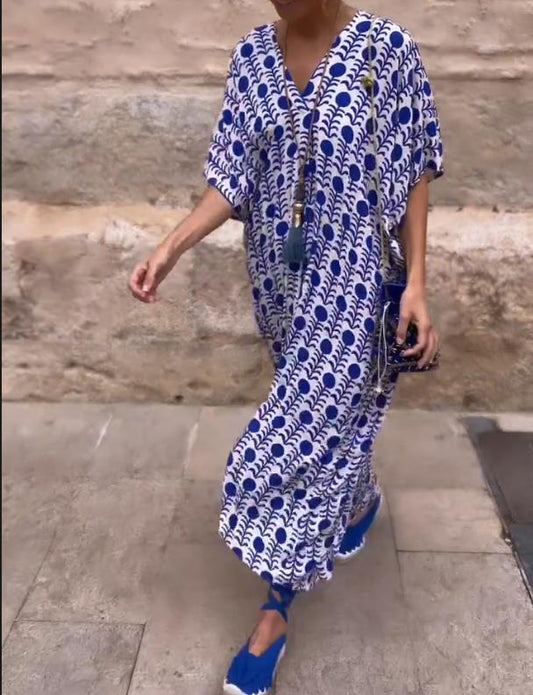 🔥Limited Time Offer 49% OFF🔥Women's New Blue And White V-neck Short Sleeved Printed Long Skirt