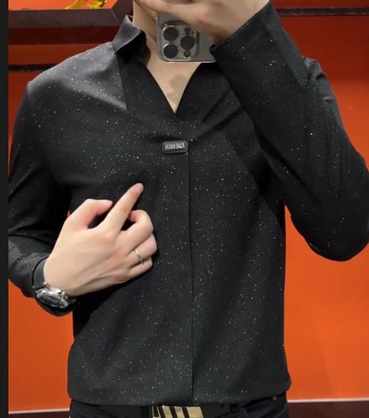 Men's New Scissor Neck Simple Sparkling Long Sleeved Shirt