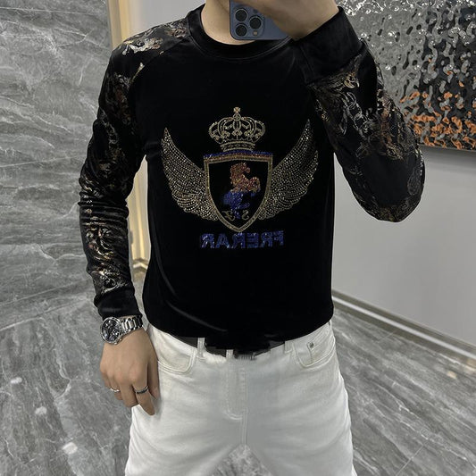 Men's new comfortable gold velvet personalized floral sleeve rhinestone temperament base shirt