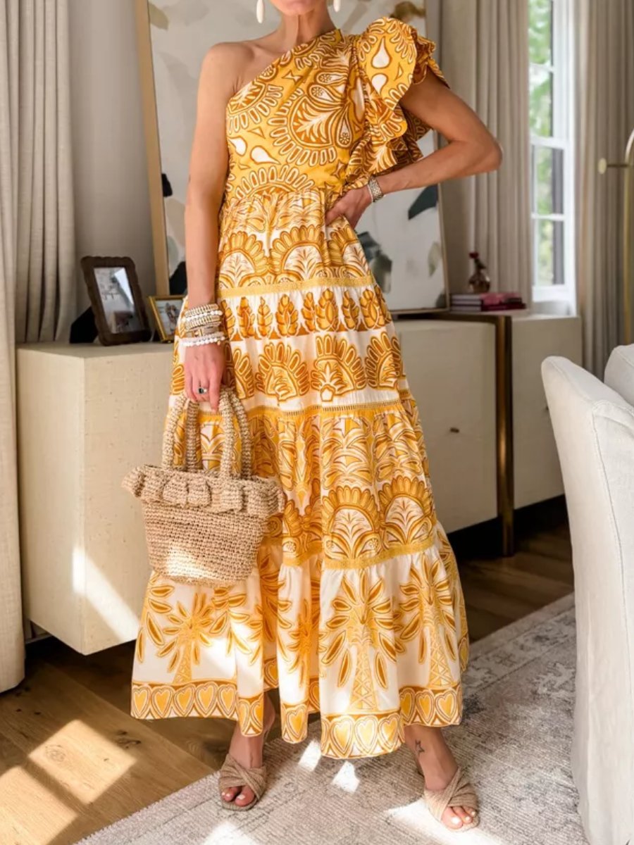 🔥Limited Time Offer 49% OFF🔥Flouced Printed One Shoulder Maxi Dress