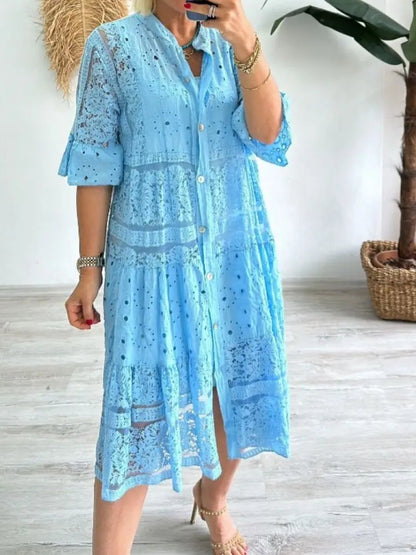 🔥Limited Time Offer 49% OFF🔥Lace Button Up Solid Loose Dress