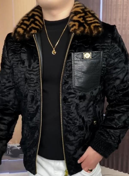 Men's New Luxury Leather Fur Collar Jacket