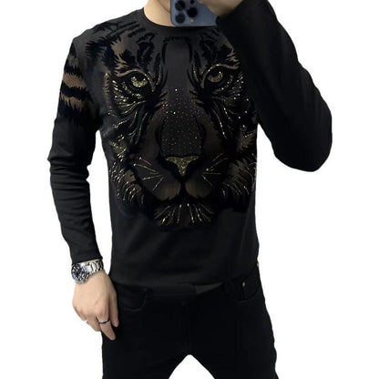 Men's new long sleeved round neck personalized printed rhinestone base shirt