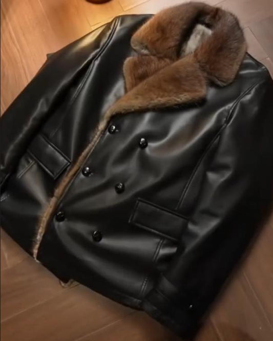 Men's Fur One-piece Thick Leather Jacket With Added Fleece