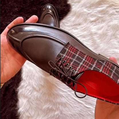 Men's New Red Checkered Patchwork Leather Shoes