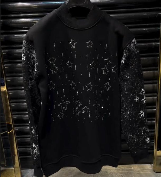 Men's Velvet Sparkling Diamond Embroidered Printed Casual Hoodie