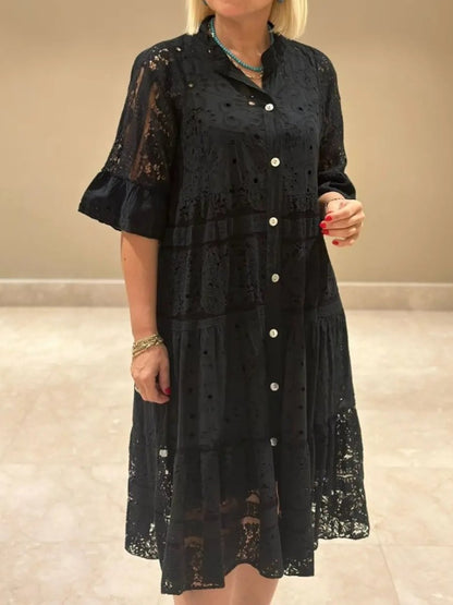 🔥Limited Time Offer 49% OFF🔥Lace Button Up Solid Loose Dress