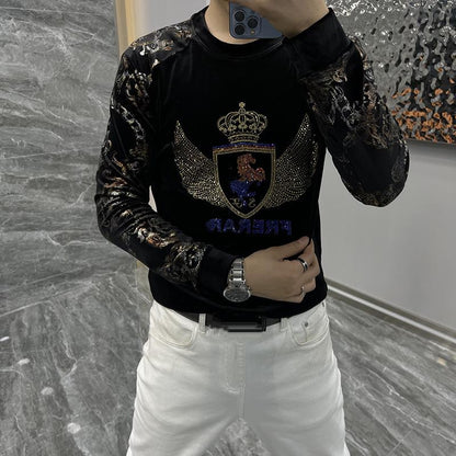 Men's new comfortable gold velvet personalized floral sleeve rhinestone temperament base shirt