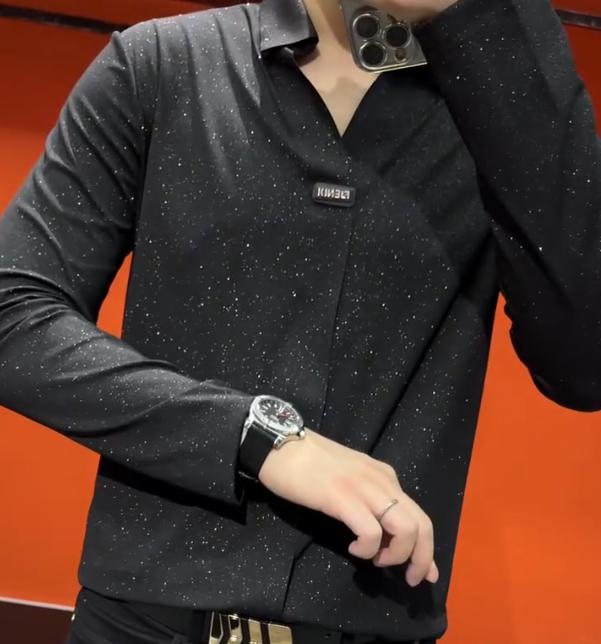 Men's New Scissor Neck Simple Sparkling Long Sleeved Shirt