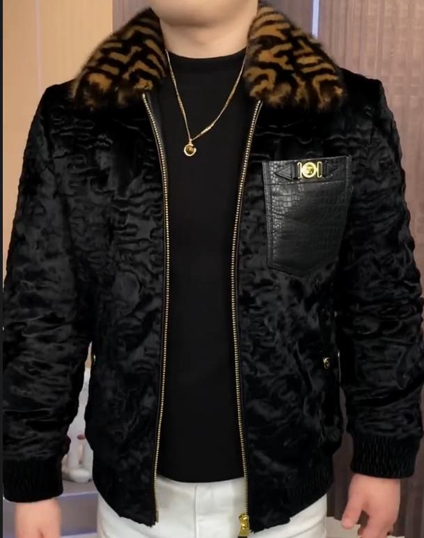 Men's New Luxury Leather Fur Collar Jacket