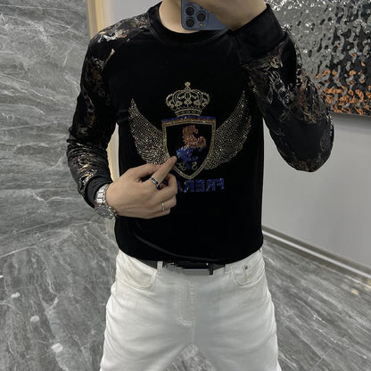Men's new comfortable gold velvet personalized floral sleeve rhinestone temperament base shirt