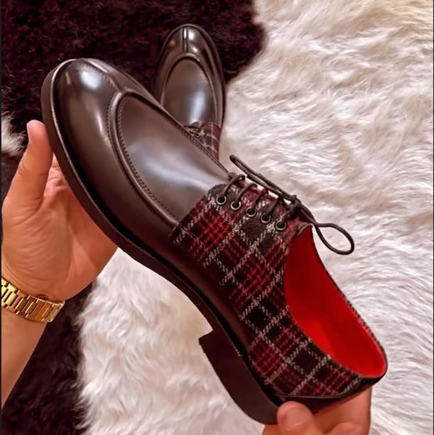 Men's New Red Checkered Patchwork Leather Shoes