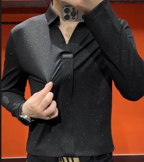 Men's New Scissor Neck Simple Sparkling Long Sleeved Shirt