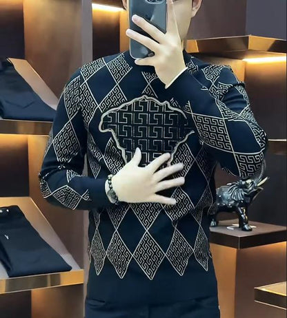 Men's Trendy And Fashionable Round Neck Long Sleeved Knitted Sweater