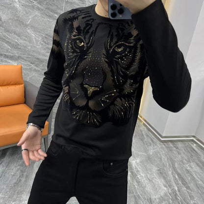 Men's new long sleeved round neck personalized printed rhinestone base shirt