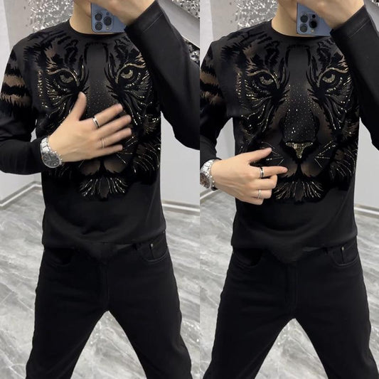 Men's new long sleeved round neck personalized printed rhinestone base shirt