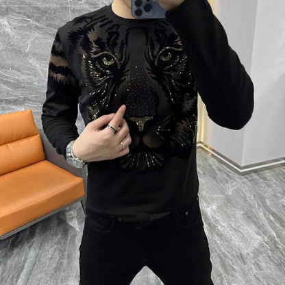 Men's new long sleeved round neck personalized printed rhinestone base shirt